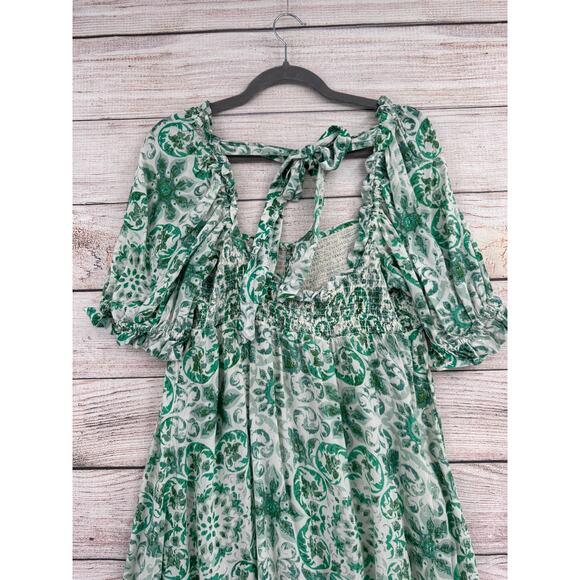 Anthropologie Floral Open Tie Back Midi Dress Womens Large White Green Stretch - Picture 4 of 10